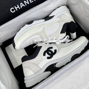 Chanel White and Black Mesh Suede Trainers
