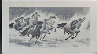 Chinese Ink Painting of 8 Galloping Horses In Snow