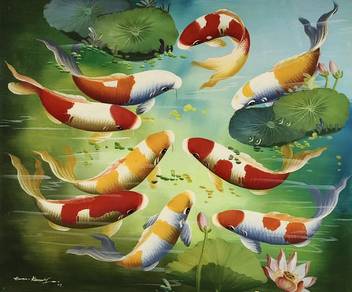 Koi Fish & Lotus Pond I – Oil Painting, Signed