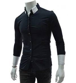 P0533 Unique Collar Button Blue Long Sleeve Shirt