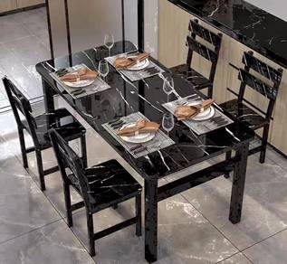 Meja Makan set 4 kerusi design marble hitam