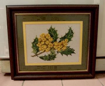 Vintage Cross-Stitch Framed Picture -Yellow Flower