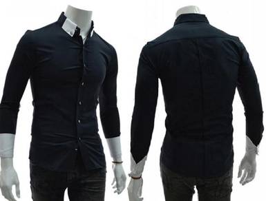 B0533 UNIQUE COLLAR BUTTON BLUE LONG SLEEVE SHiRT