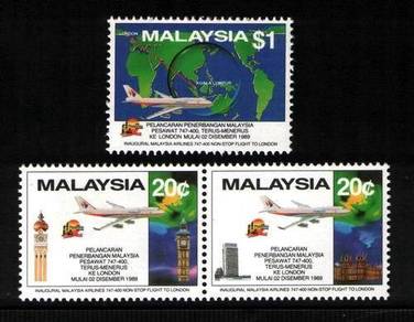 Mint Stamp Flight to London Malaysia 1989 (toning)