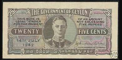 Ceylon 25 cents 1942 KGVI - Pick P44