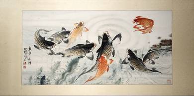 Chinese Ink & Watercolor-Nine Japanese Carps
