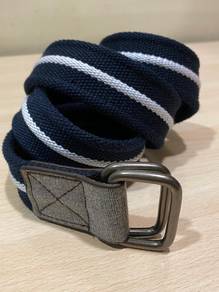 Navy Striped Canvas Belt with Double Ring Buckle