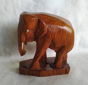 Vintage 70s Hand Carved Elephant Wooden Dark Sculp