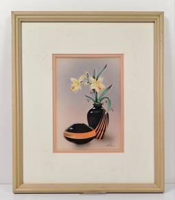 Framed Still Life with Black Vases and Yellow Flow