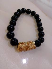 Black Bead Bracelet with Gold Charm
