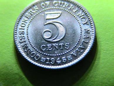 Malaya 5 Cents Silver Coin 1945-i (King George VI)