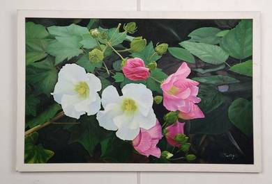 Blooming Hibiscus – Oil Painting (Signed Sally)