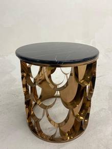 Modern Rose Gold & Black Marble Round Side Table