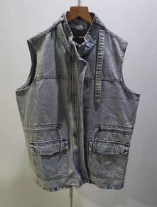 Jean Vest Denim Zipper Front Cargo Pockets Blue