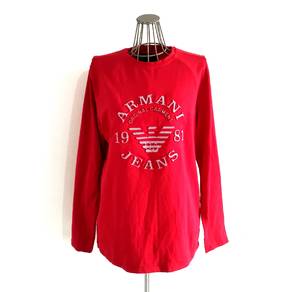 Armani Jeans Embossed Logo Red Long Sleeve Tee