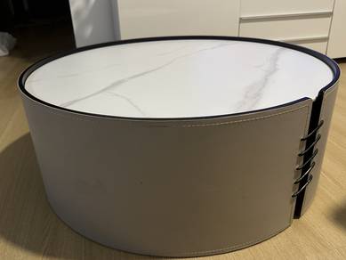 Round Faux Leather Coffee Table with Marble Top
