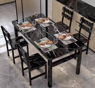 Meja Makan set 4 kerusi design marble hitam