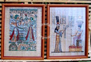 Vtg.Hand-Painted Papyrus Art- Wood Frame #1 - PAIR