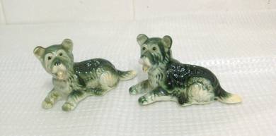 1970s Vtg Green Bone China Terrier Dogs (PAIR) #B