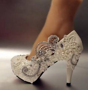 Bridal wedding white flower lace party prom heels