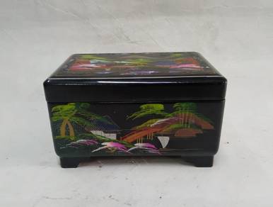 Antique Asian Jewelry Box black wooden hand painte
