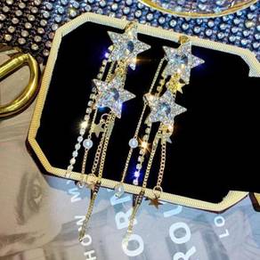 Gold plated diamond star long dangling earrings