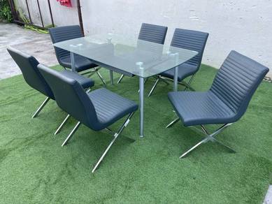 PK171 Meja Makan Kaca 5' Glass Dining Table 1 + 6
