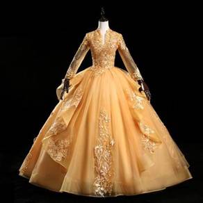 Gold pink red long sleeve wedding gown RB1508