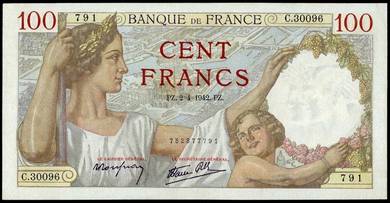 France German WWII 100 Francs 1942 Pick-94  AU
