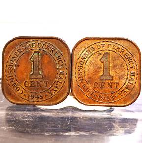 1943 & 1945 King George VI Malaya 1 Cent Coins set