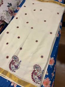 Embroidered Milk White 100% Cotton Saree 5.5 m