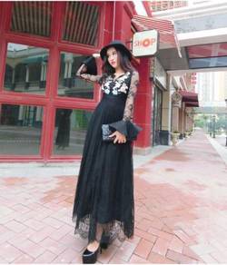 Black white lace long sleeve boho maxi dress