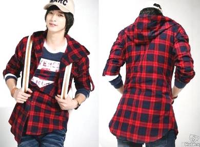 0297 Kemeja Red Plaid Hoodie Long Sleeved Shirt