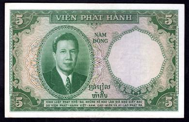 French Indo-China 5 Piastres 1953 - Pick 106 gvf