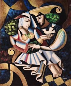 Oil Painting Cubist Composition with Dove, Signed