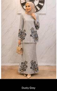 Dusty Grey Floral Embroidered Kurung Set