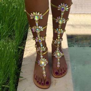 Gold blue diamond gladiator boho bohemian sandals