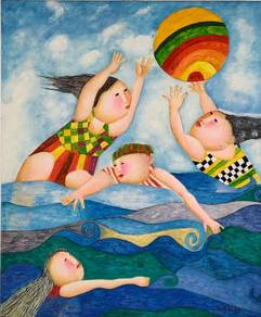 Oil painting Children Playing by the Sea,Signed