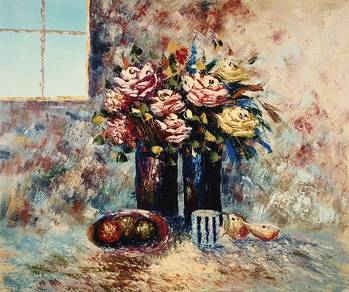 Vintage Oil painting - Morning Bloom by the Window