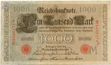 Germany world war period 1000 marks 1910 vf red