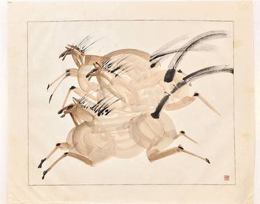Antelopes in Motion - Chinese Ink & Watercolor