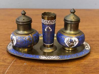 Vintage brass salt pepper toothpick holder blue