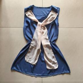 Beige Ribbon Blue Dress