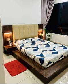 Wooden Platform Bed Frame with Upholstered Headboa