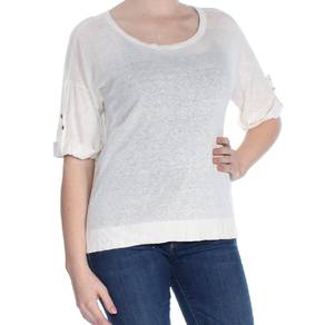 RALPH LAUREN Womens Ivory Roll Cuff Scoop Neck Top