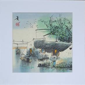 ClearanceRM48 Watercolor Art Riverside Canal Scene