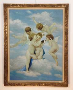 Celestial Cherubs with Fish - Framed Oil Painting