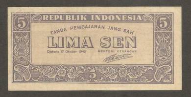 Indonesia 5 sen Black Banknote 1945  -  UNC