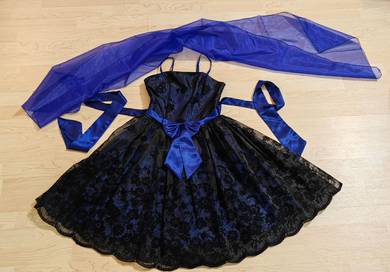 Black Lace Royal Blue Ribbon Dress with scarf