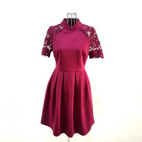 Doublewoot Maroon Chinese Collar Lace Sleeve Dress
